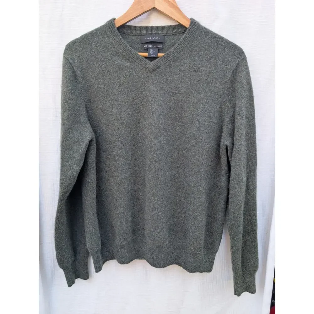 Tahari Pure Luxe 100% Cashmere Men's Handsome Green‎ V Neck Sweater XL $245